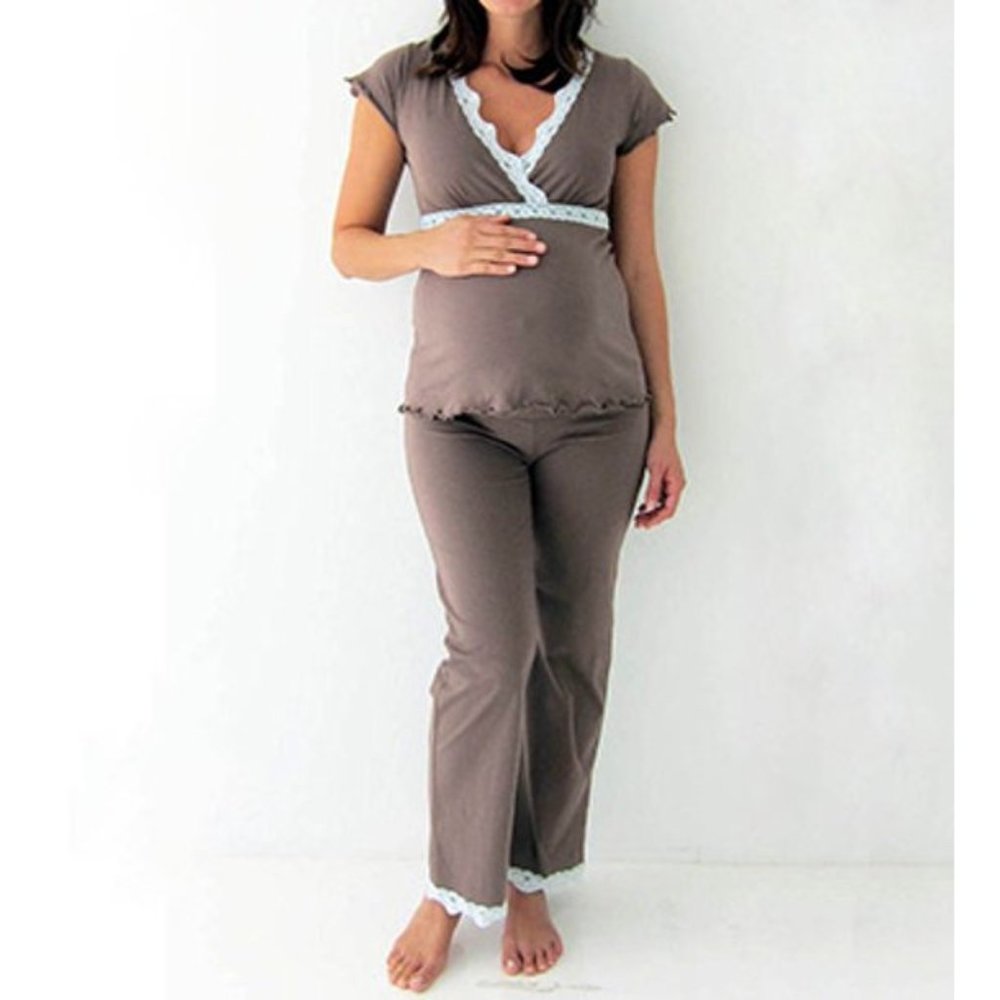 Women's Belabumbum Ariel Nursing Cami and Pant with Lace Trim Mocha Blue Size S